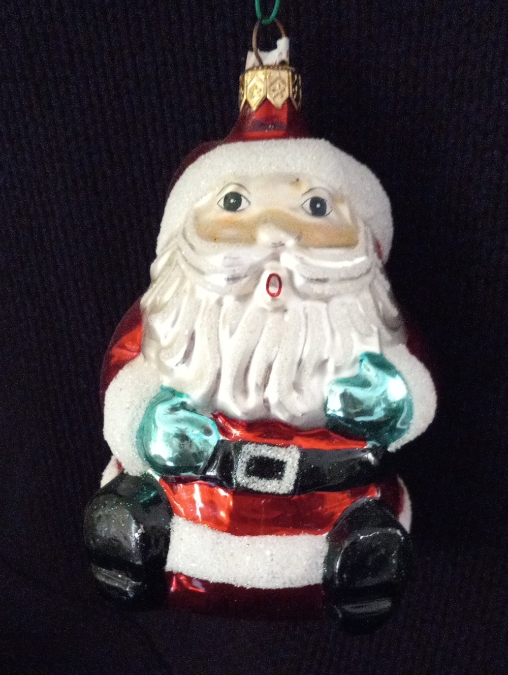 Vintage Blown Glass Chubby Sitting Santa Claus Ornament Teal Mittens Mica